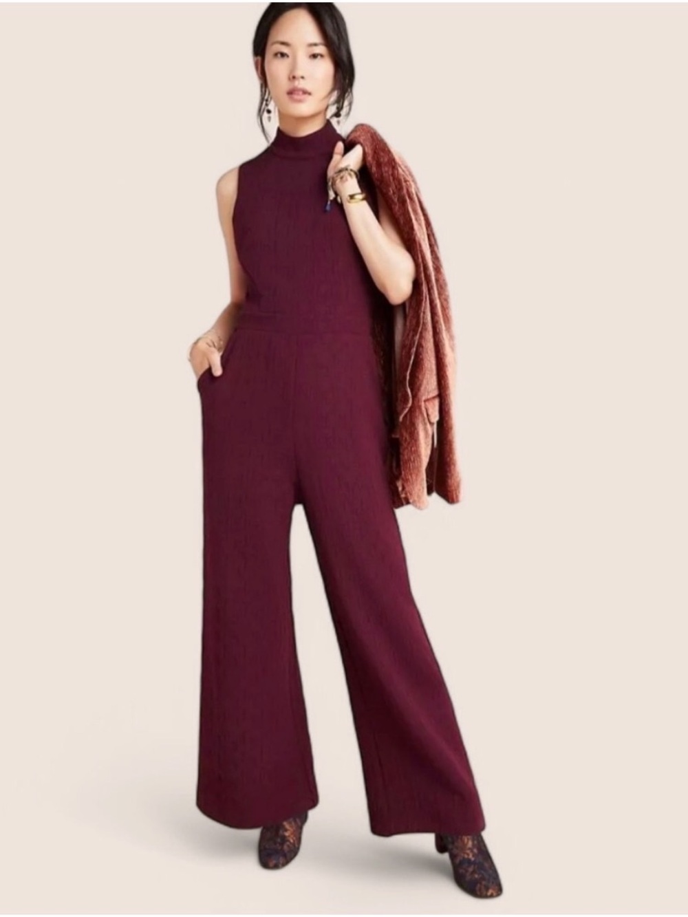 Anthropologie Sleeveless Mock-Neck Wide-Leg Jumpsuit in Burgundy